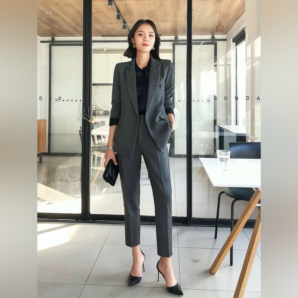 Grey office suit including blazer and pants